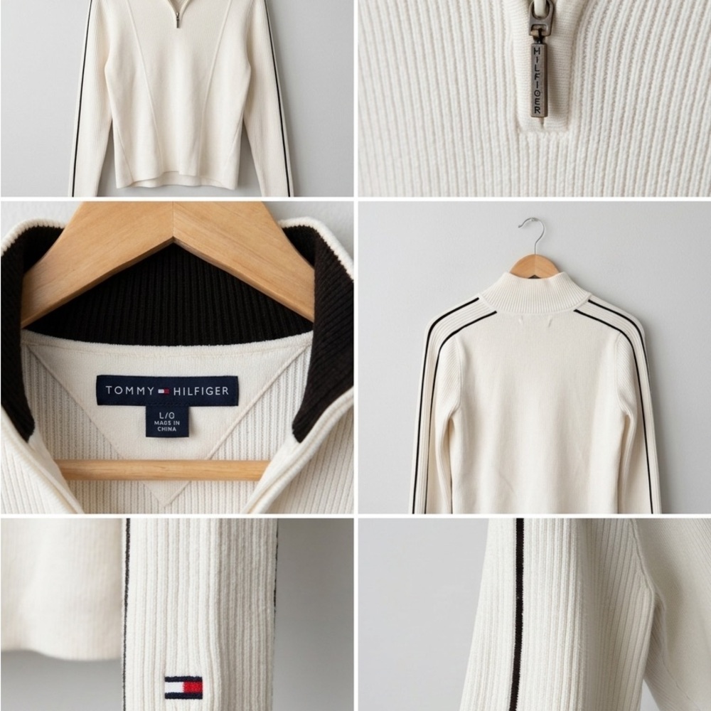 Tommy Hilfiger Cream Ribbed Half-Zip Sweater with Black Trim